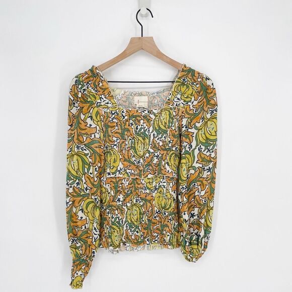 Anthropologie The Rayna Button Down Smocked Top Puff Sleeve Floral Women's XS - Picture 2 of 9